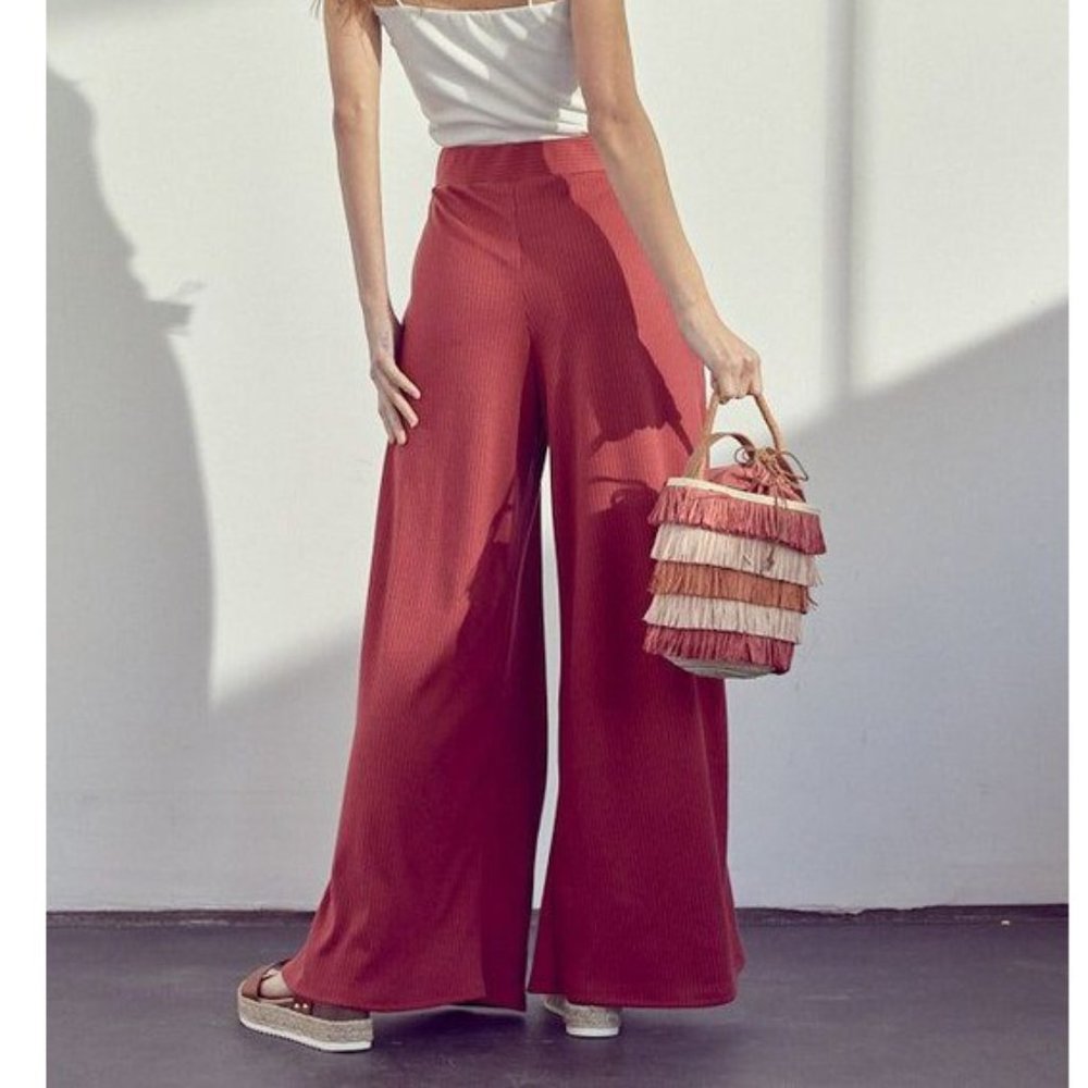 Terracotta Wide Leg Ribbed Pants - Picture 2 of 6